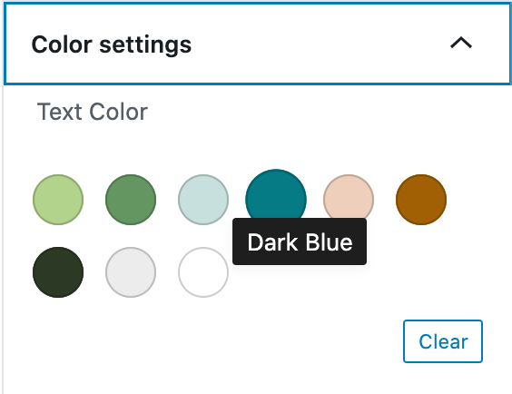 Shows the Hover text on a colour in the colour palette in the block editor